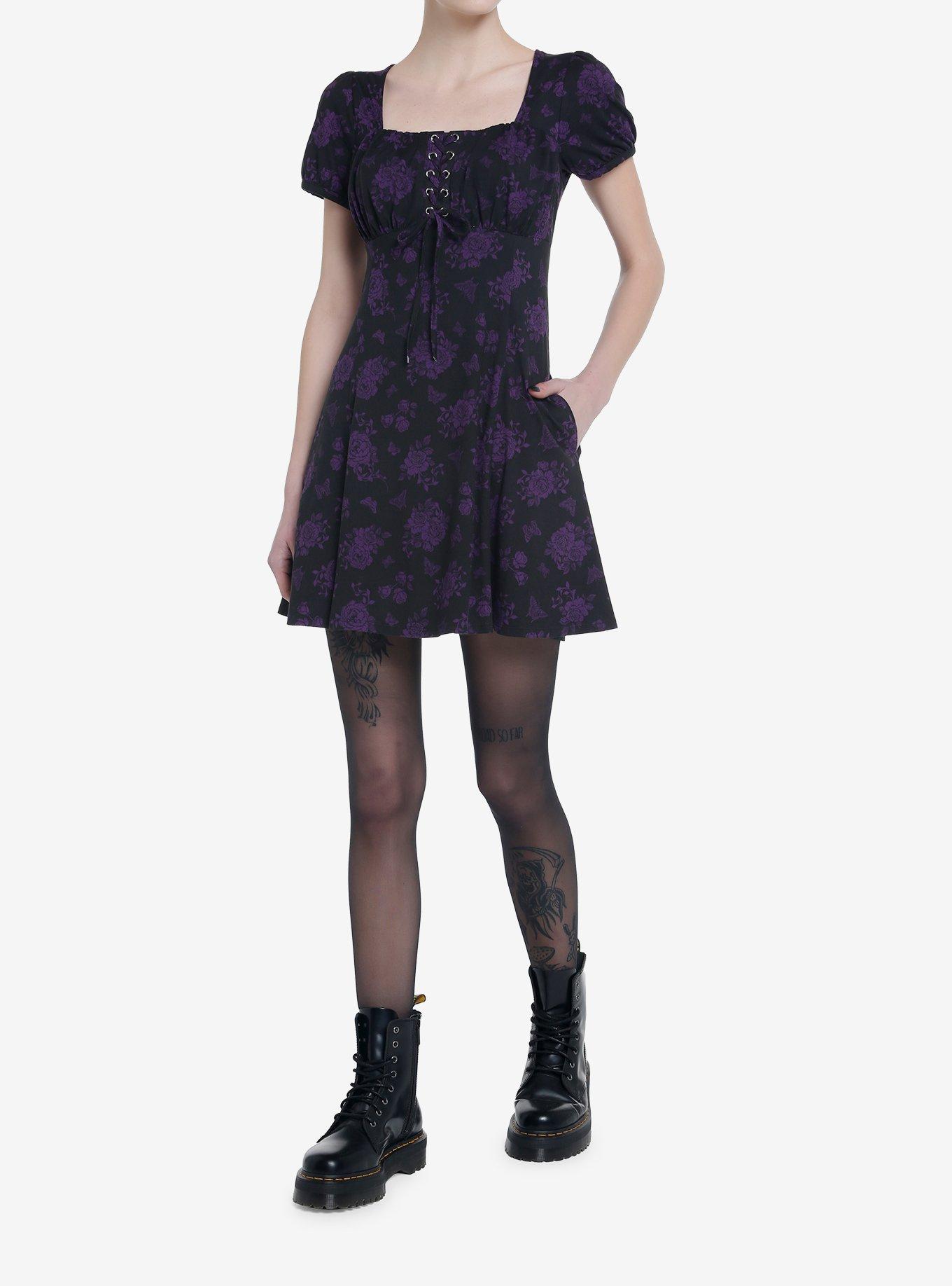 Cosmic Aura Black & Purple Rose Lace-Up Babydoll Dress, BLACK, alternate