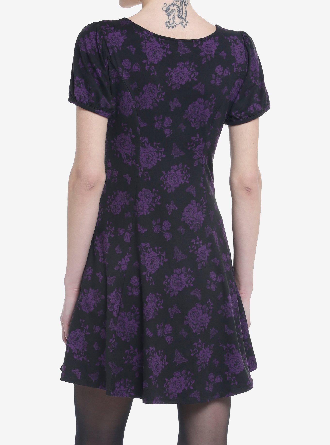 Cosmic Aura Black & Purple Rose Lace-Up Babydoll Dress, BLACK, alternate