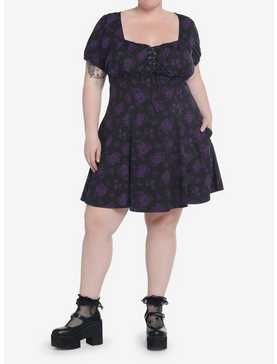 Cosmic Aura Black & Purple Rose Lace-Up Babydoll Dress Plus Size, , hi-res