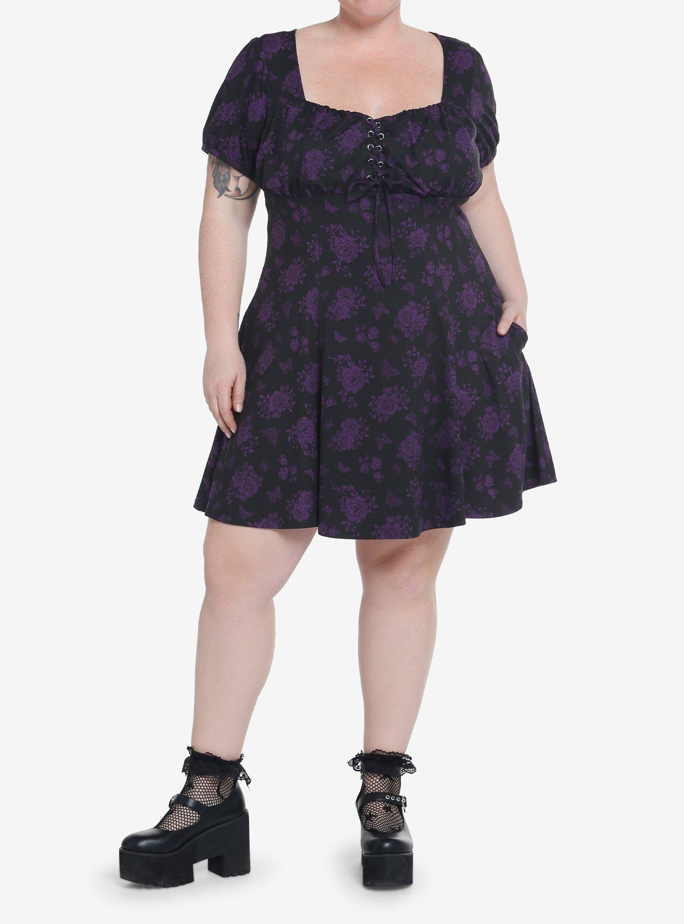 Cosmic Aura Black & Purple Rose Lace-Up Babydoll Dress Plus Size, BLACK, alternate