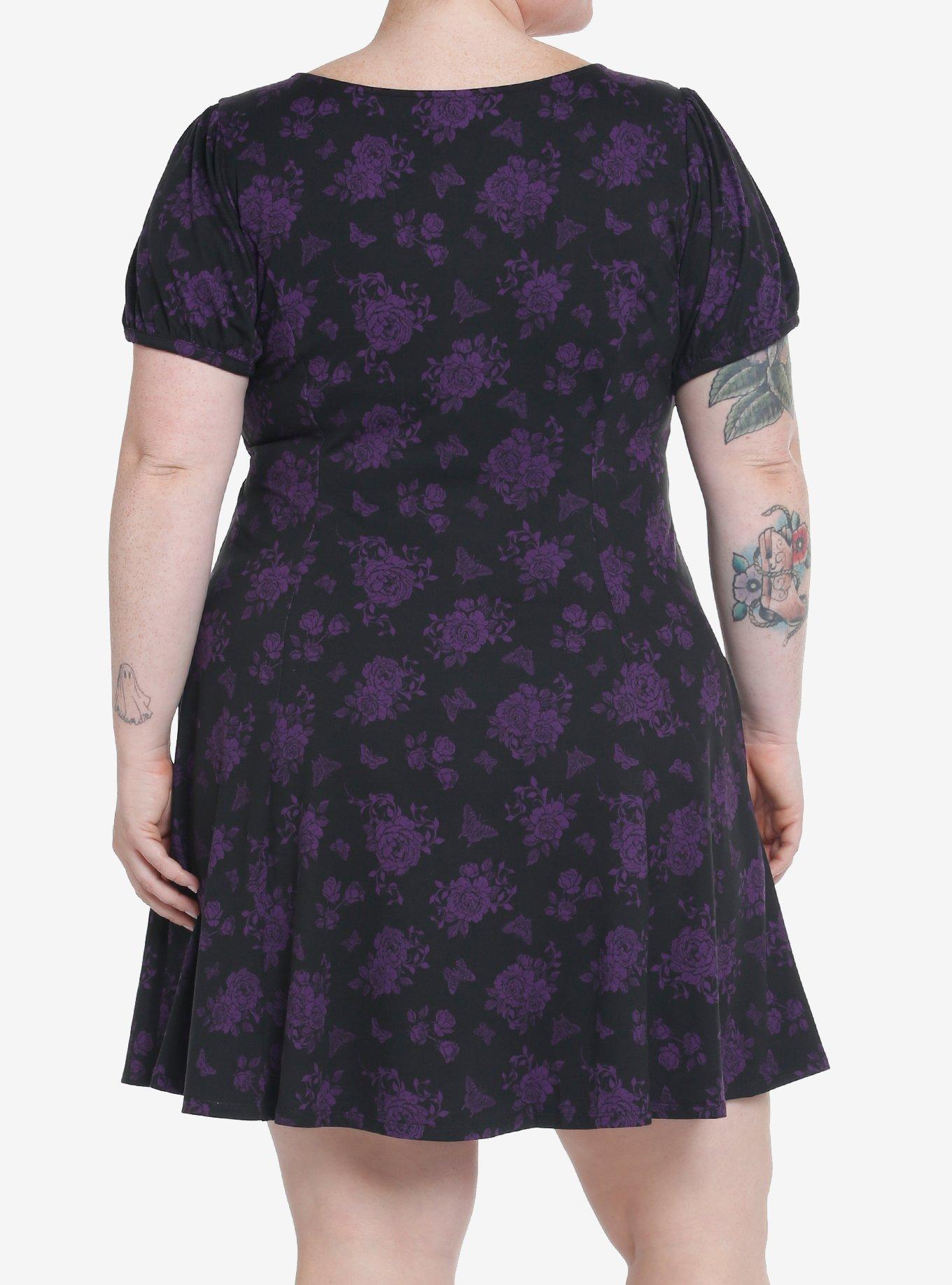 Cosmic Aura Black & Purple Rose Lace-Up Babydoll Dress Plus Size, BLACK, alternate