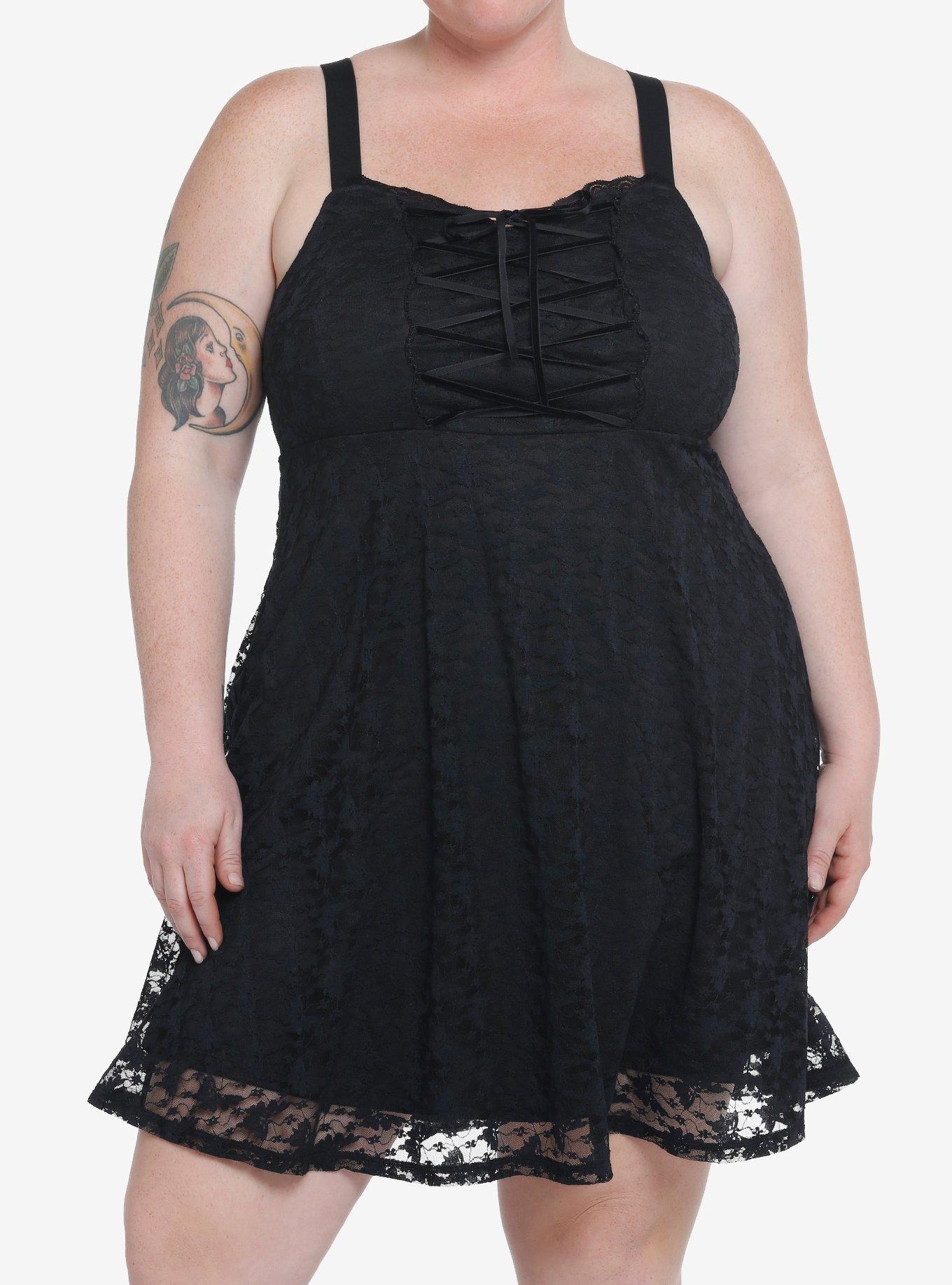 Cosmic Aura Black Butterfly Lace-Up Skater Dress Plus Size, BLACK, alternate