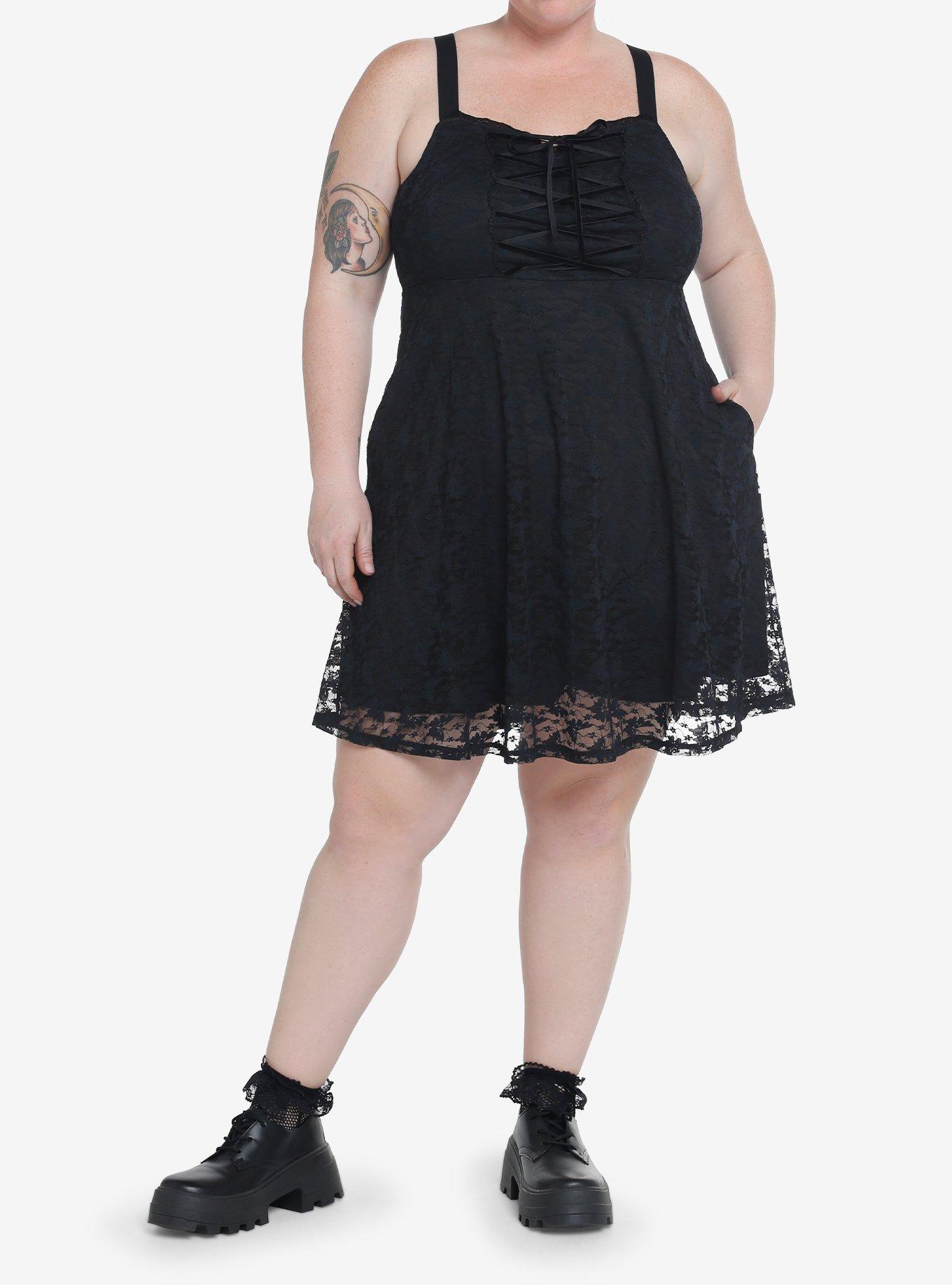 Cosmic Aura Black Butterfly Lace-Up Skater Dress Plus Size, BLACK, alternate