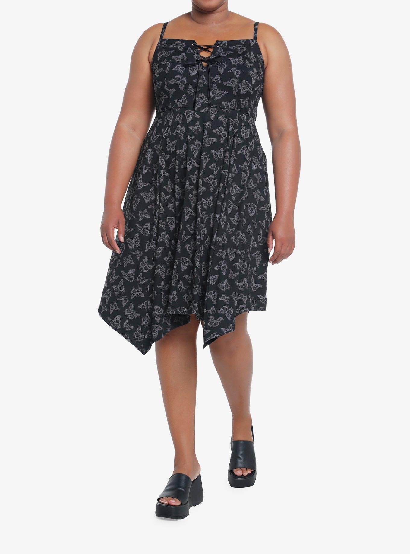 Cosmic Aura Black & Grey Butterfly Hanky Hem Dress Plus Size, BLACK, alternate