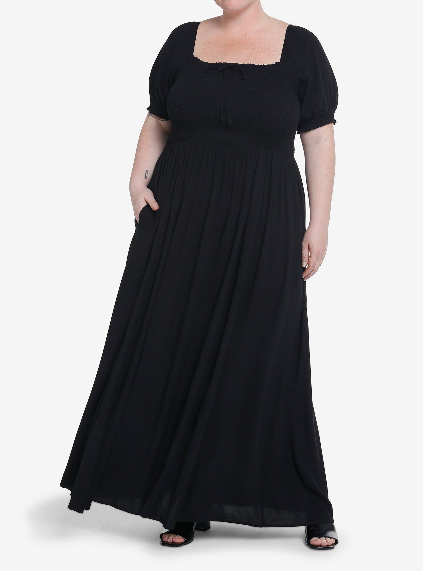 Thorn & Fable Black Smock Puff Sleeve Maxi Dress Plus Size, , hi-res