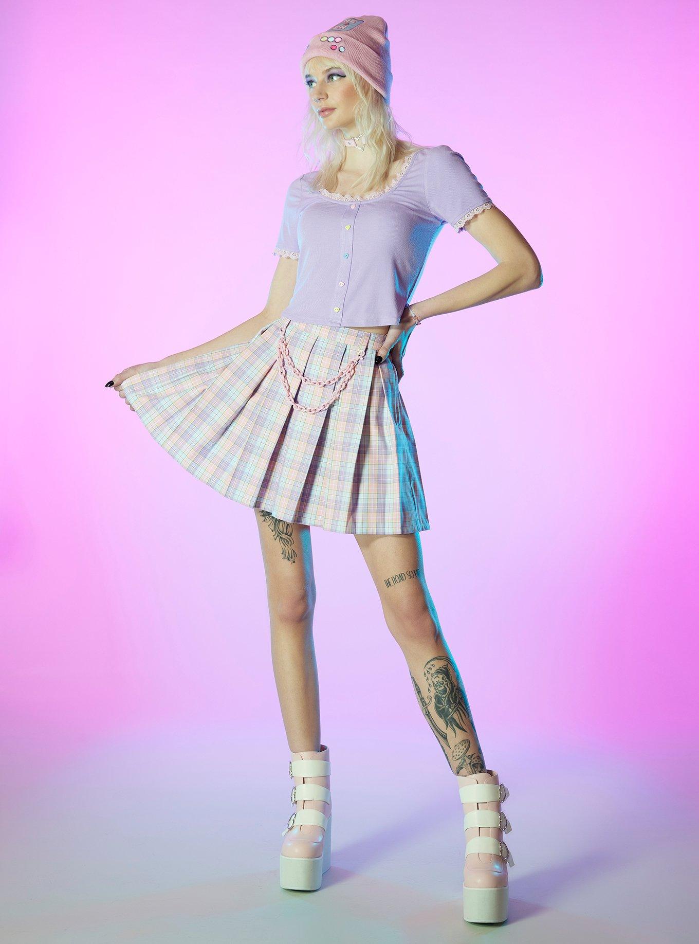 Pastel Plaid Pleated Skirt With Chain, PLAID-RAINBOW, alternate
