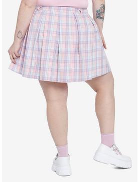 Pastel Plaid Pleated Mini Skirt With Chain Plus Size, , hi-res