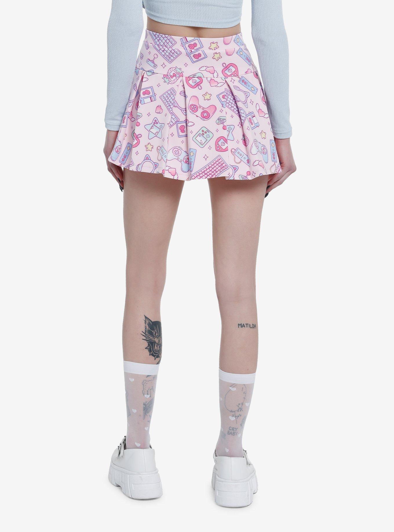 Pink Gamer Icons Pleated Scuba Skirt, MULTI, alternate