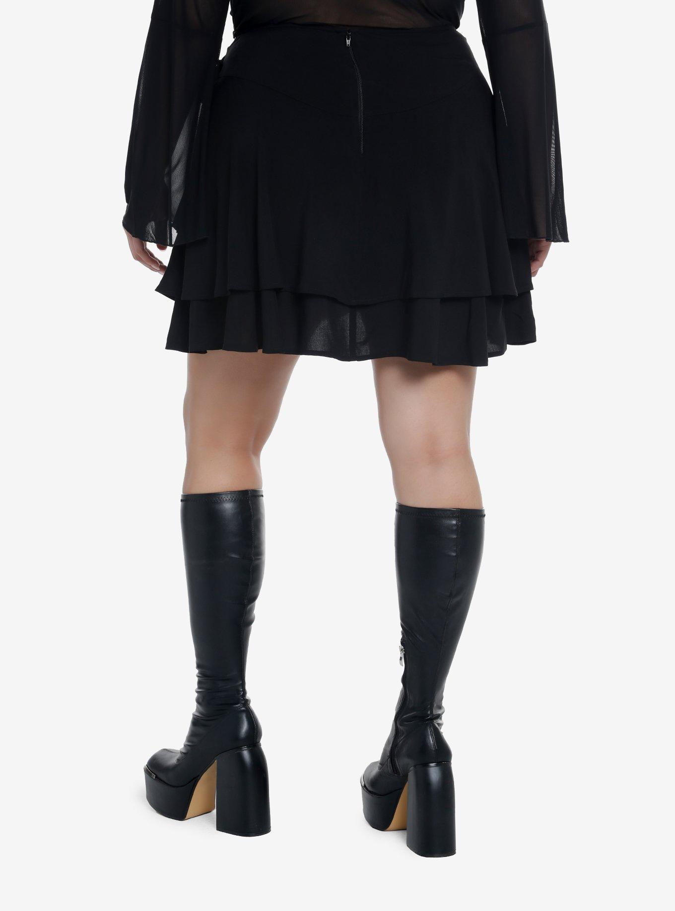 Cosmic Aura Black Grommet & Lace-Up Tiered Skirt Plus Size, , hi-res