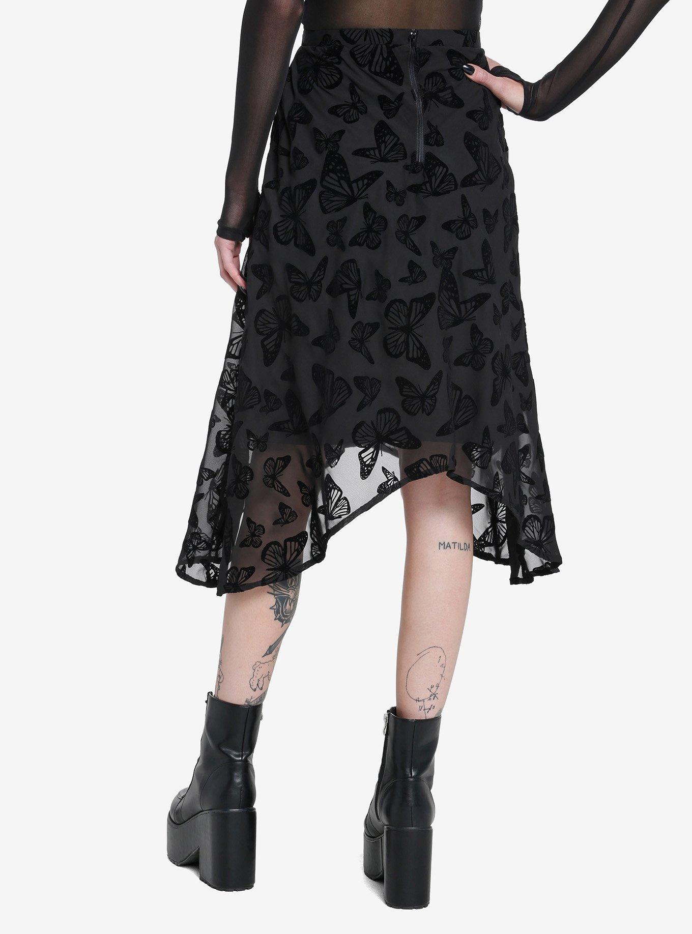 Black Butterfly Chiffon Hanky Hem Midi Skirt, , hi-res