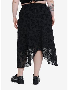 Plus Size Black Butterfly Chiffon Hanky Hem Midi Skirt Plus Size, , hi-res