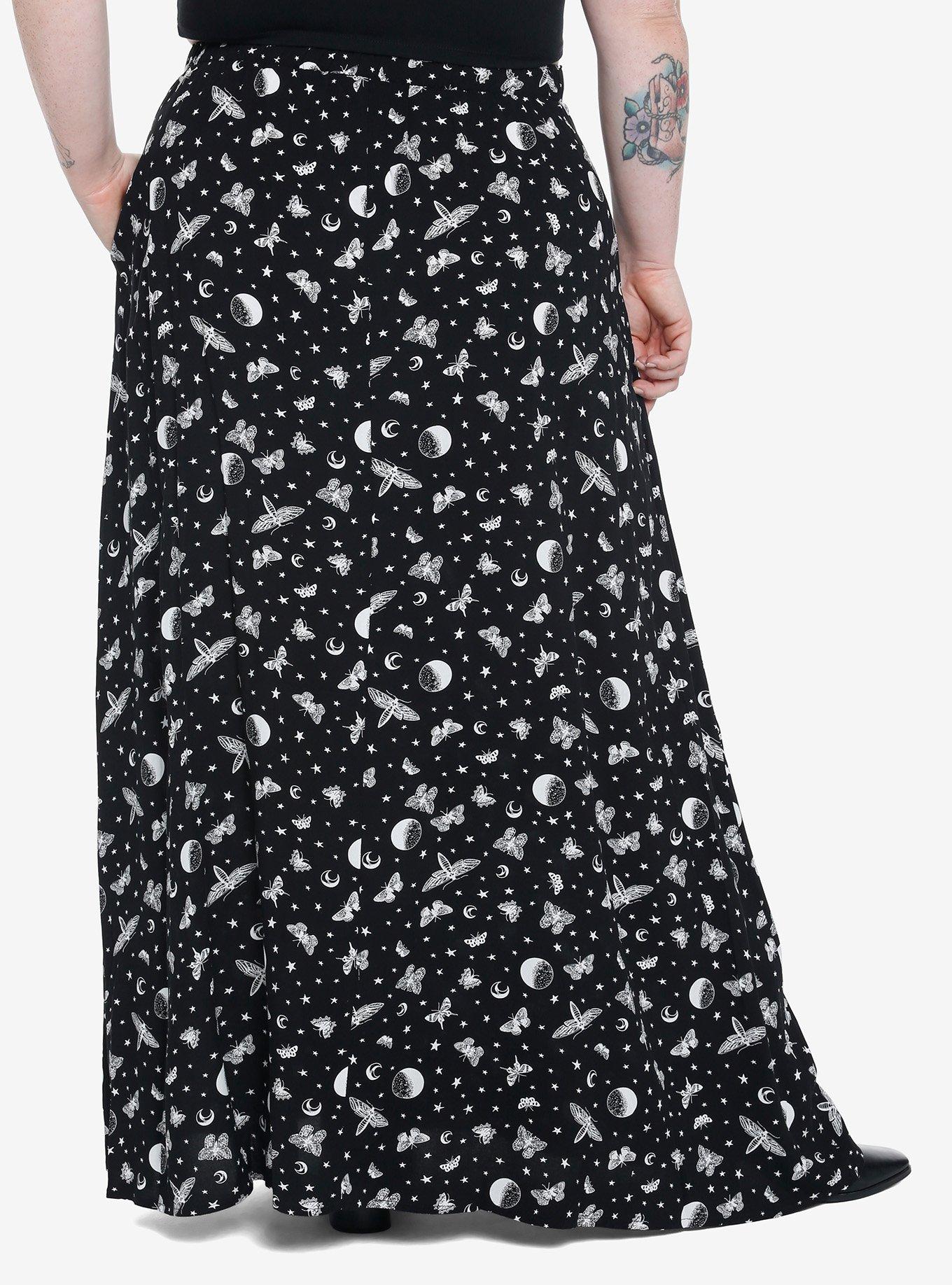 Black Celestial Moth Maxi Skirt Plus Size, , hi-res