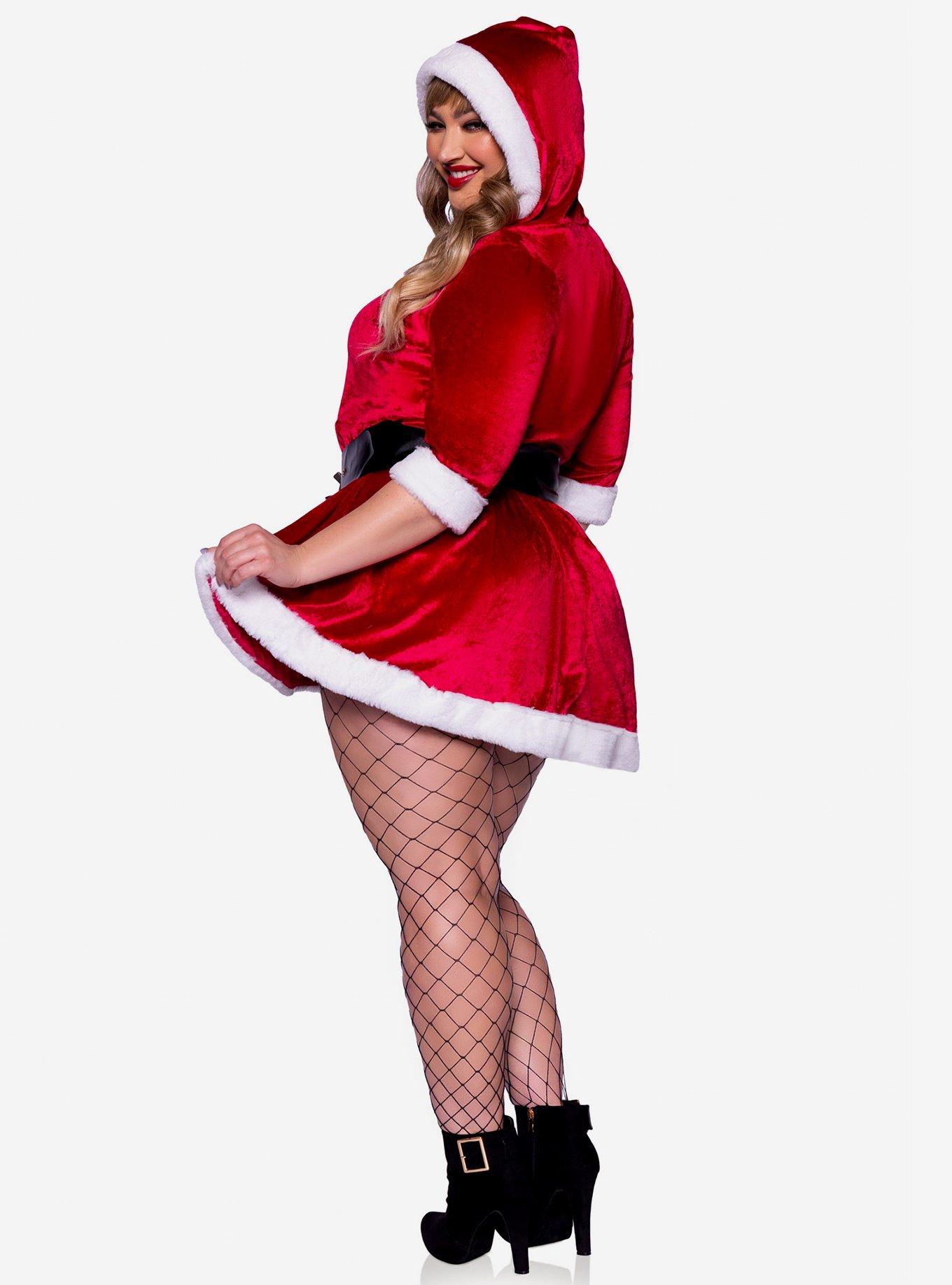Mrs. Claus Velvet Hooded Dress Faux Fur Trim Red Plus Size, , hi-res