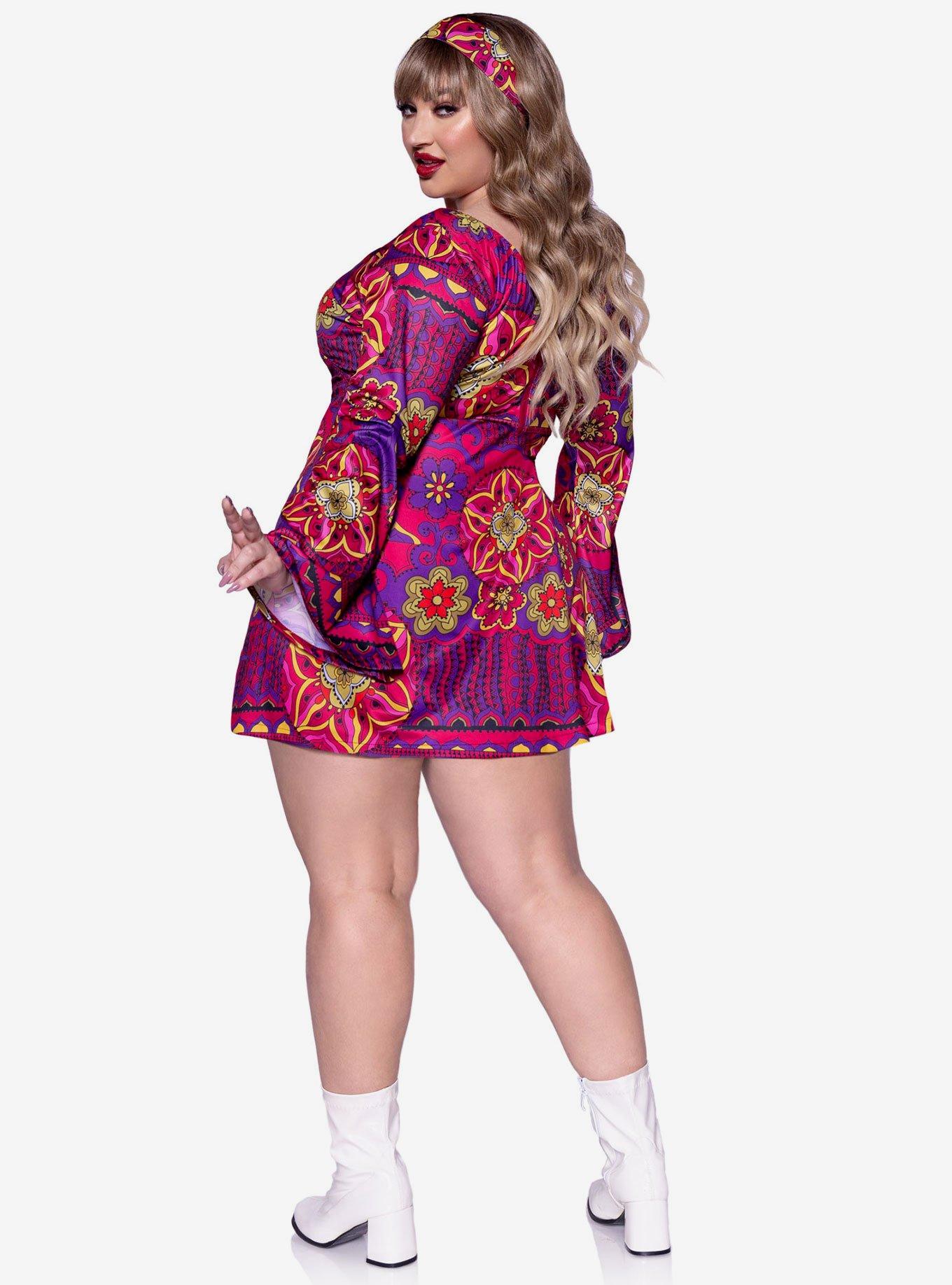 Retro Print Bell Sleeves Go Go Dress with Headband Plus Size, MULTI, alternate