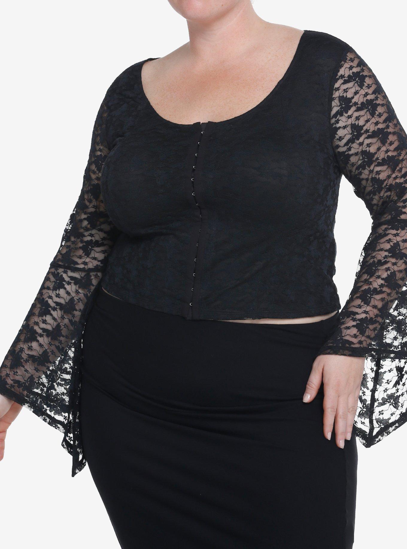Cosmic Aura Black Butterfly Lace Girls Bell Sleeve Top Plus Size, BLACK, alternate
