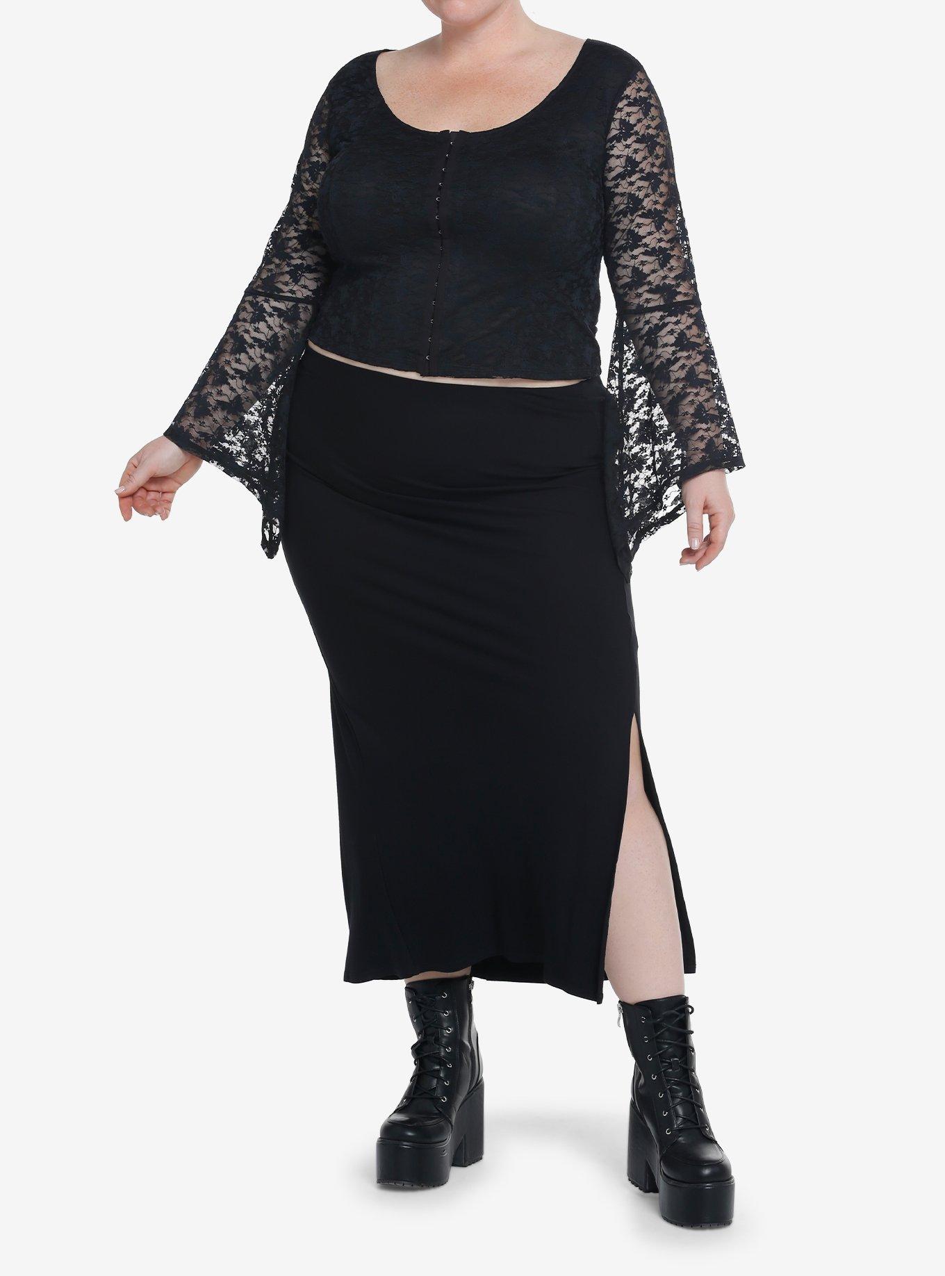 Cosmic Aura Black Butterfly Lace Girls Bell Sleeve Top Plus Size, BLACK, alternate