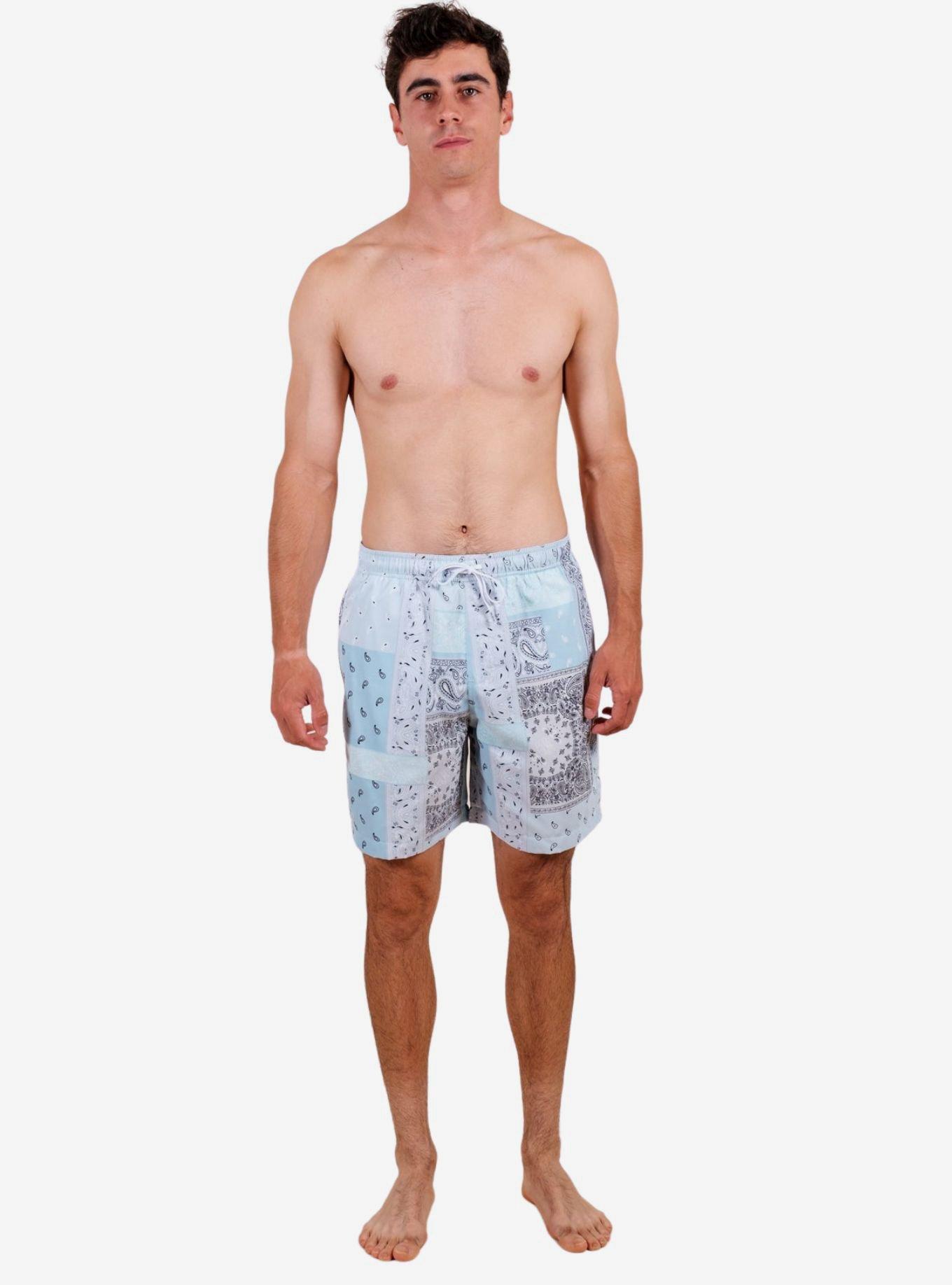 Light Blue Bandana Mix Print Swim Trunks, LIGHT BLUE, alternate