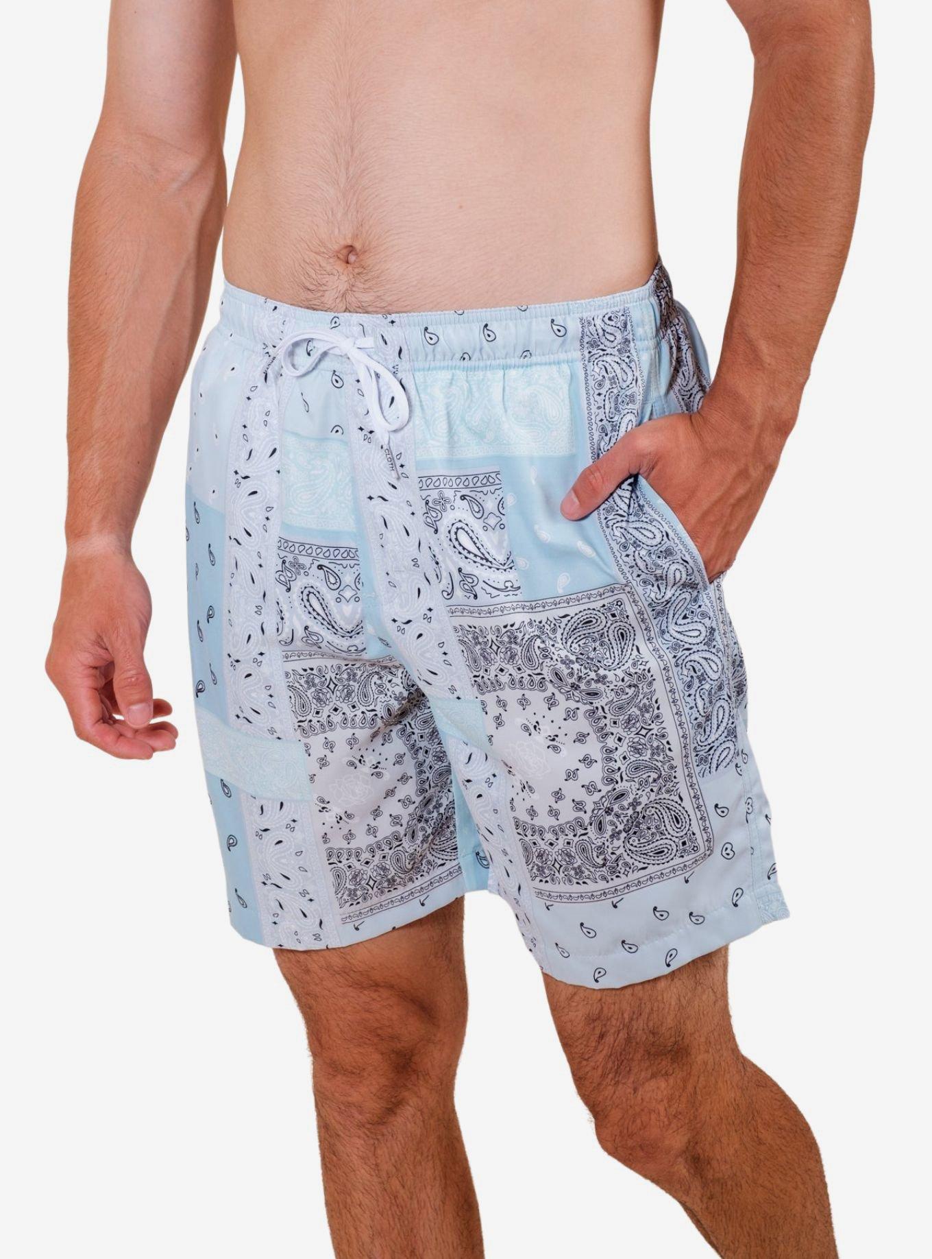 Light Blue Bandana Mix Print Swim Trunks, LIGHT BLUE, alternate