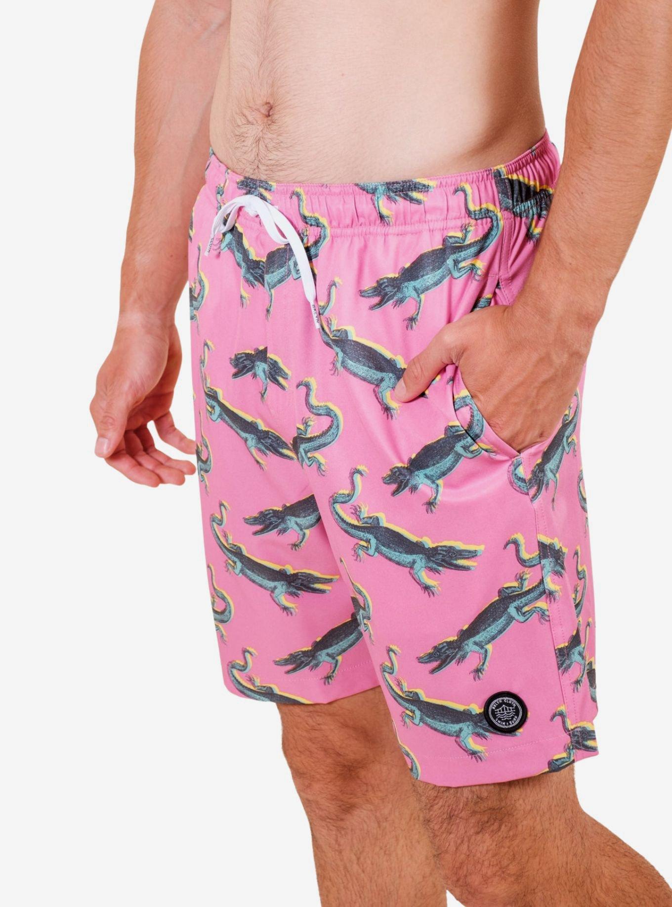 Pink Neon Crocodile Swim Trunks, BRIGHT PINK, alternate