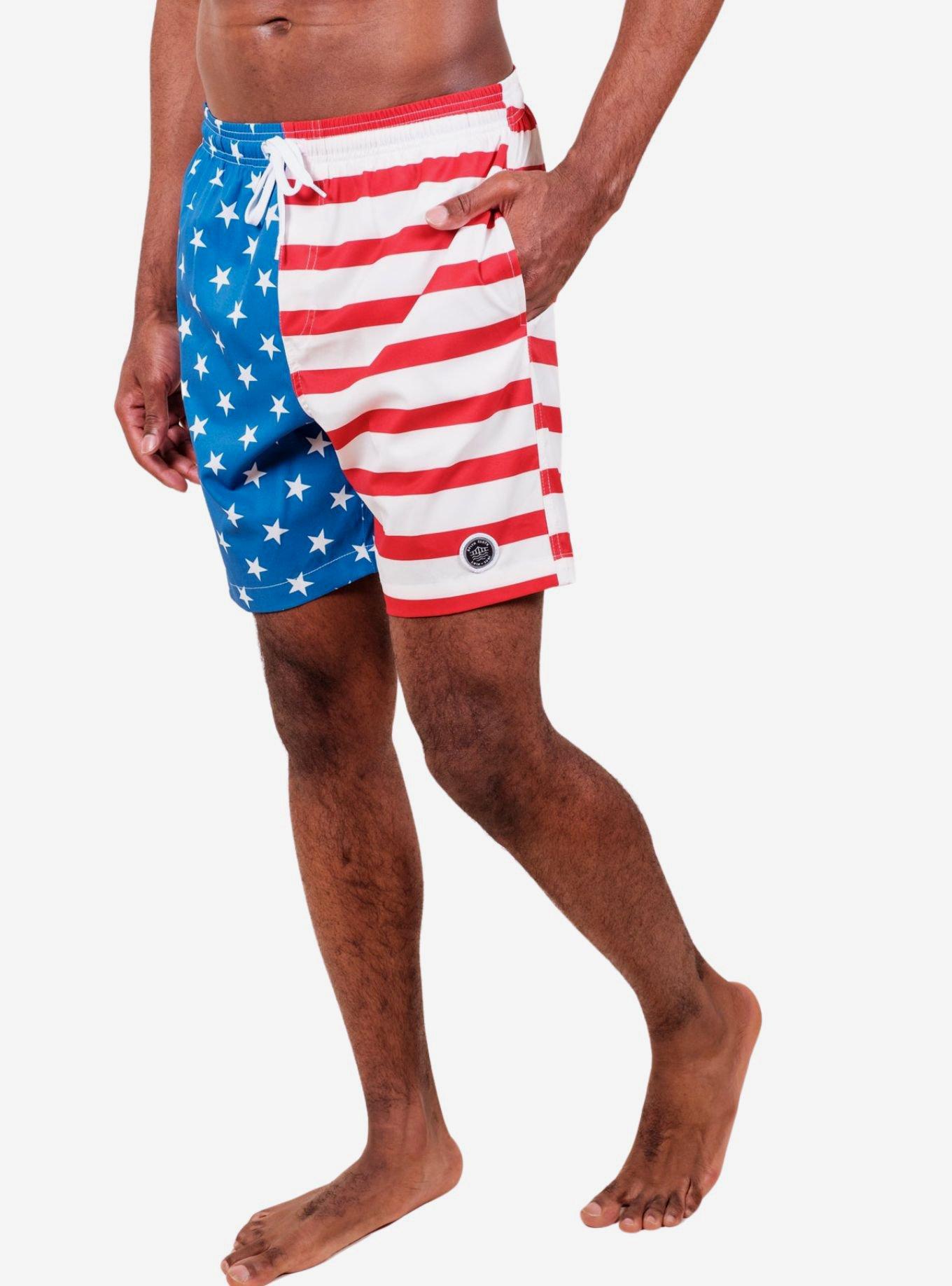 Red, White and Blue Split Flag Swim Trunks, RED  WHITE  BLUE, alternate