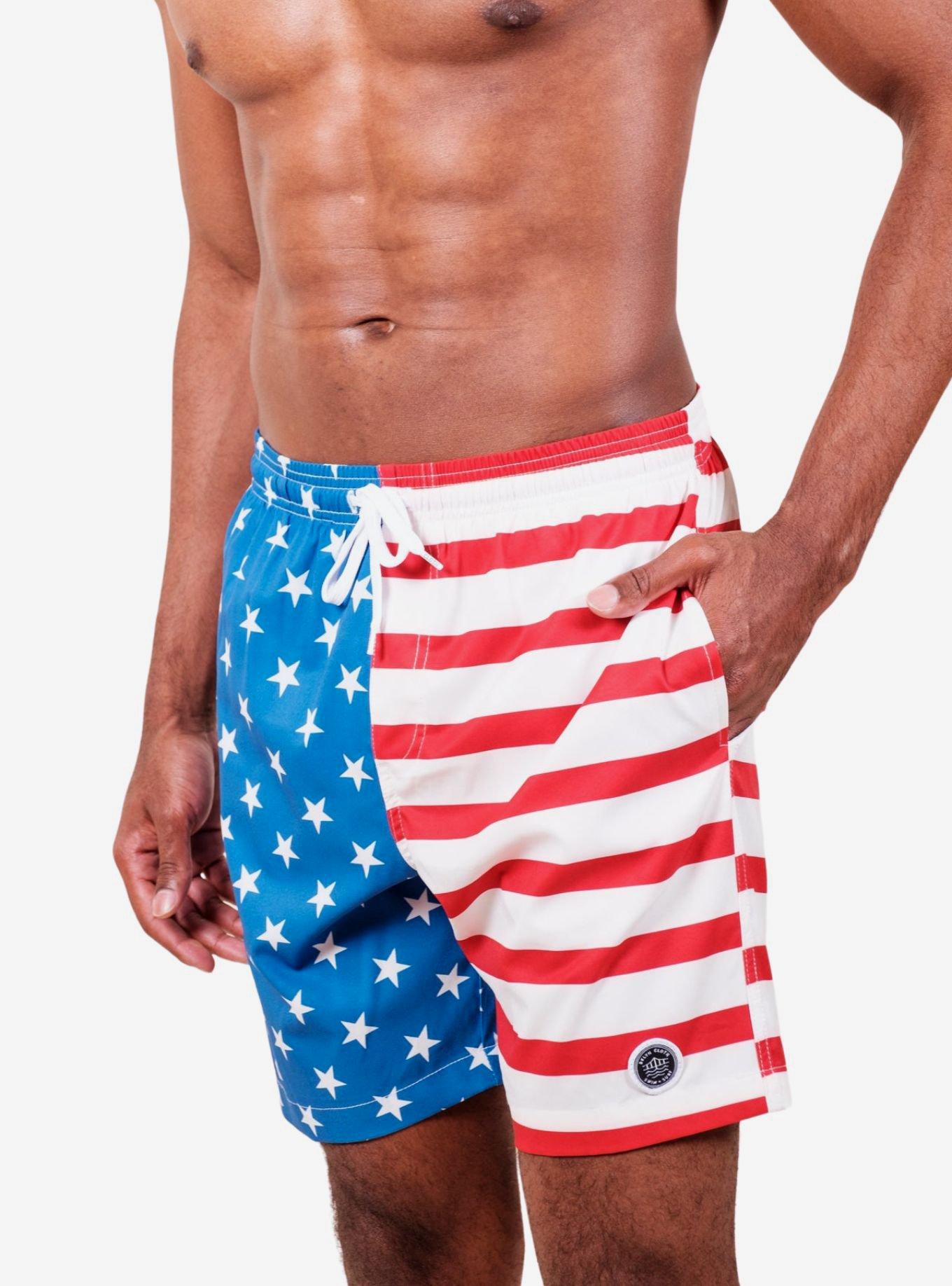 Red, White and Blue Split Flag Swim Trunks, RED  WHITE  BLUE, alternate