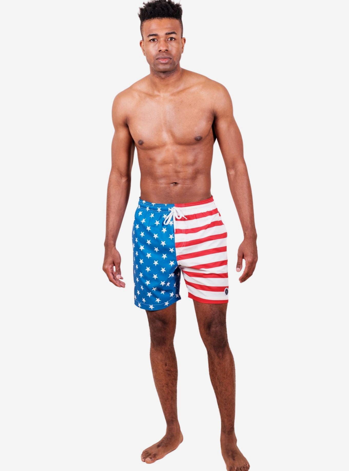 Red, White and Blue Split Flag Swim Trunks, RED  WHITE  BLUE, alternate