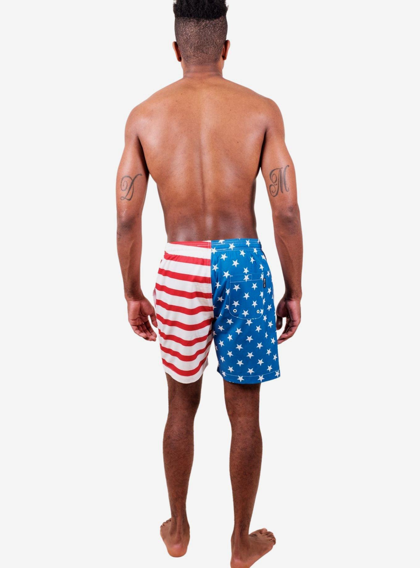 Red, White and Blue Split Flag Swim Trunks, RED  WHITE  BLUE, alternate