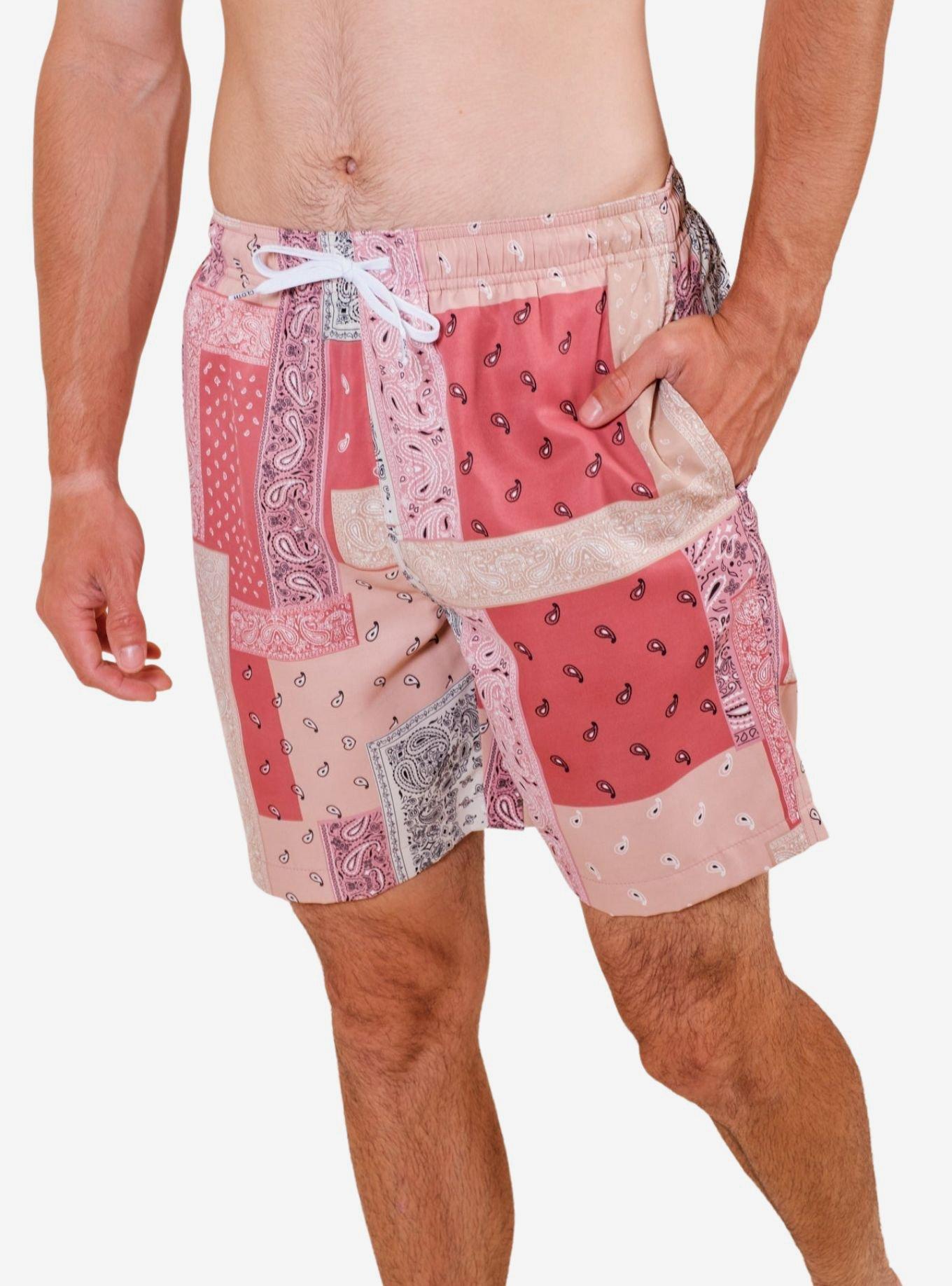 Red Bandana Mix Print Swim Trunks, RED, alternate