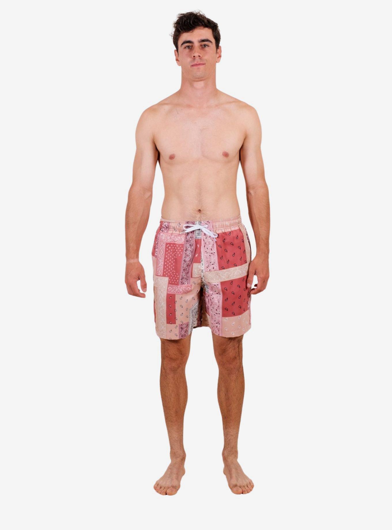Red Bandana Mix Print Swim Trunks, RED, alternate