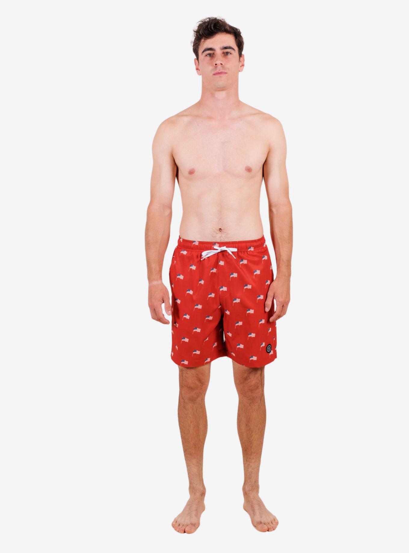Red Ditsy Flag Swim Trunks, RED, alternate