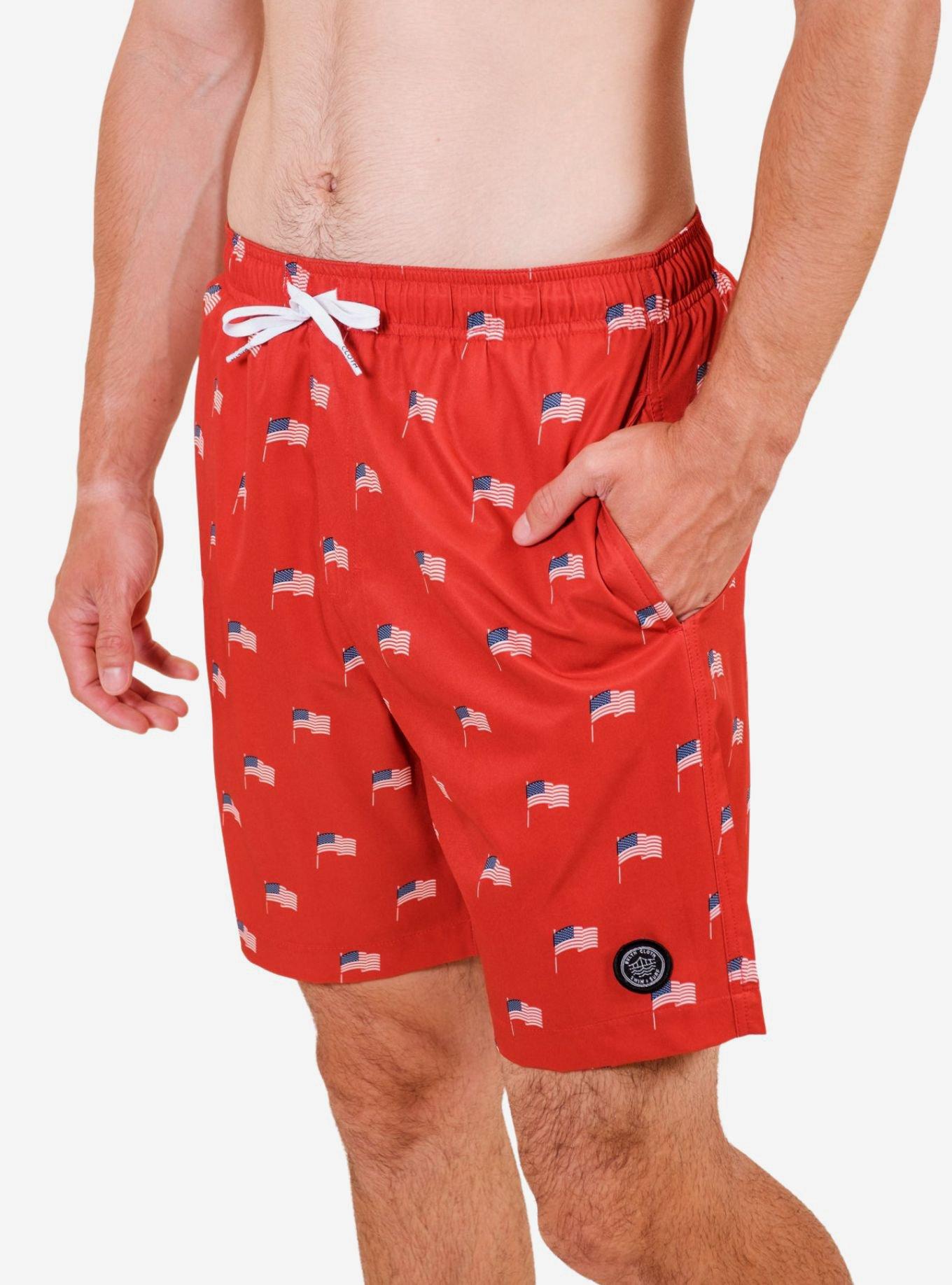 Red Ditsy Flag Swim Trunks, RED, alternate