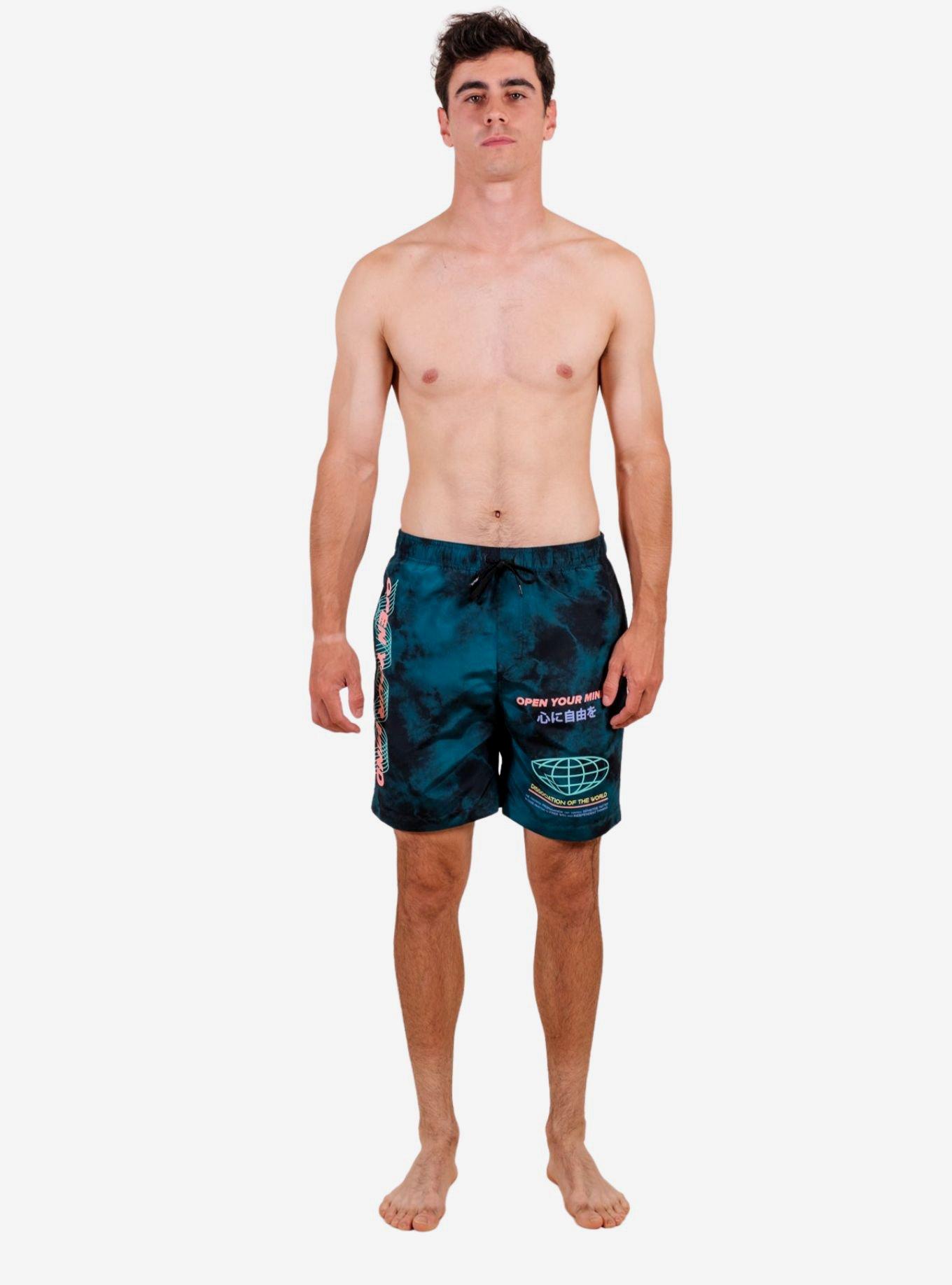 Teal Tie Dye Open Your Mind Swim Trunks, AQUA  NAVY, alternate