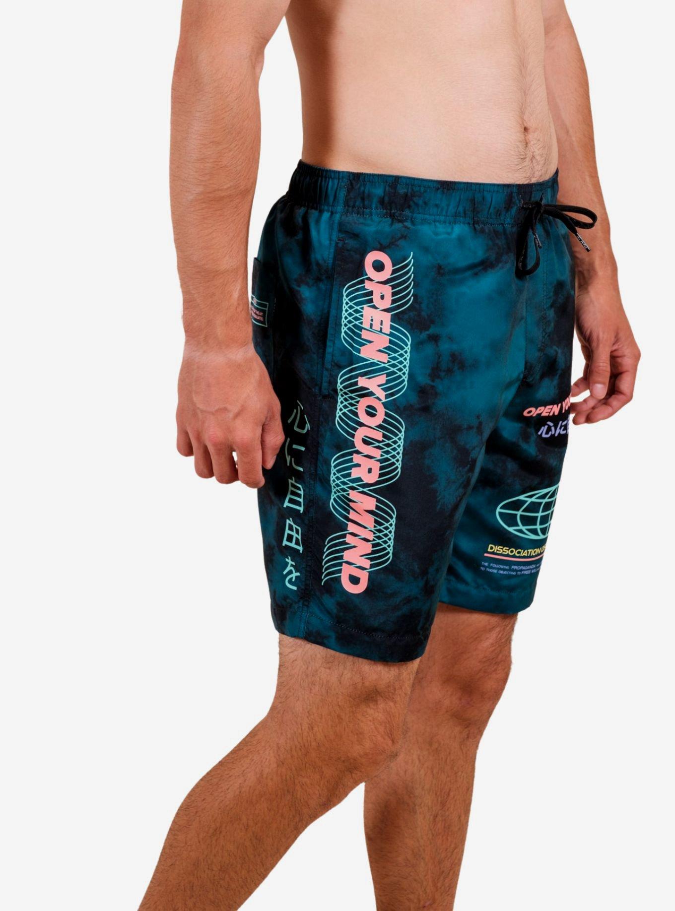 Teal Tie Dye Open Your Mind Swim Trunks, AQUA  NAVY, alternate