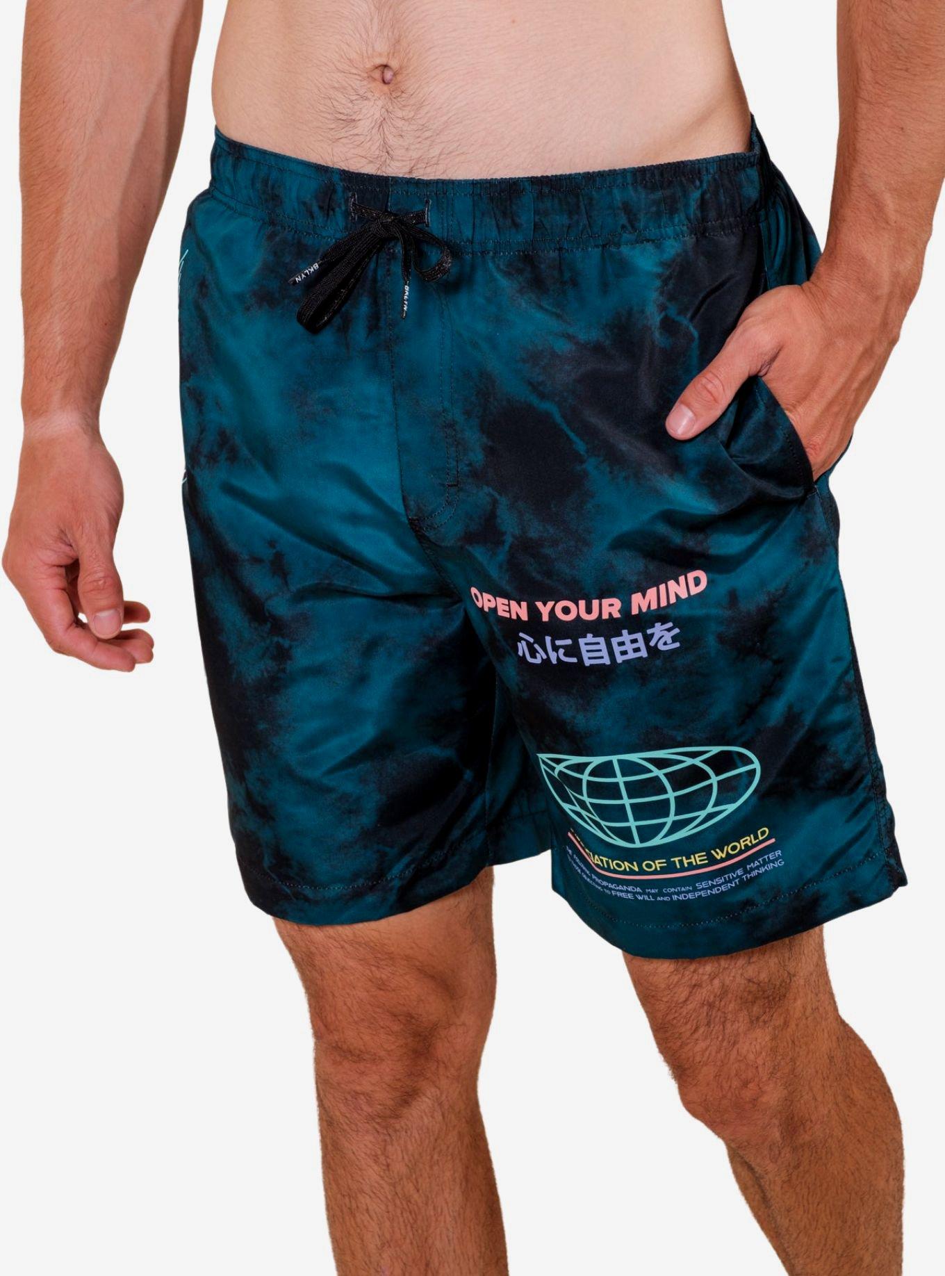 Teal Tie Dye Open Your Mind Swim Trunks, AQUA  NAVY, alternate