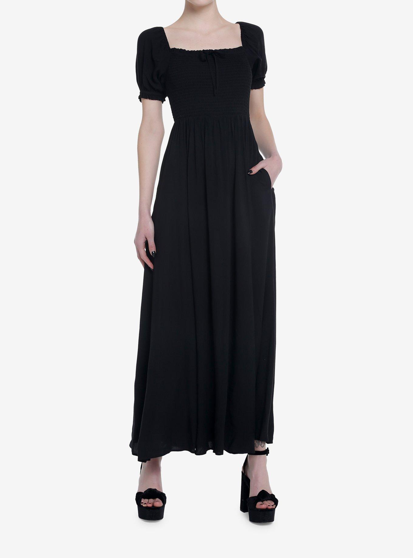Thorn & Fable Black Smock Puff Sleeve Maxi Dress, DEEP BLACK, alternate