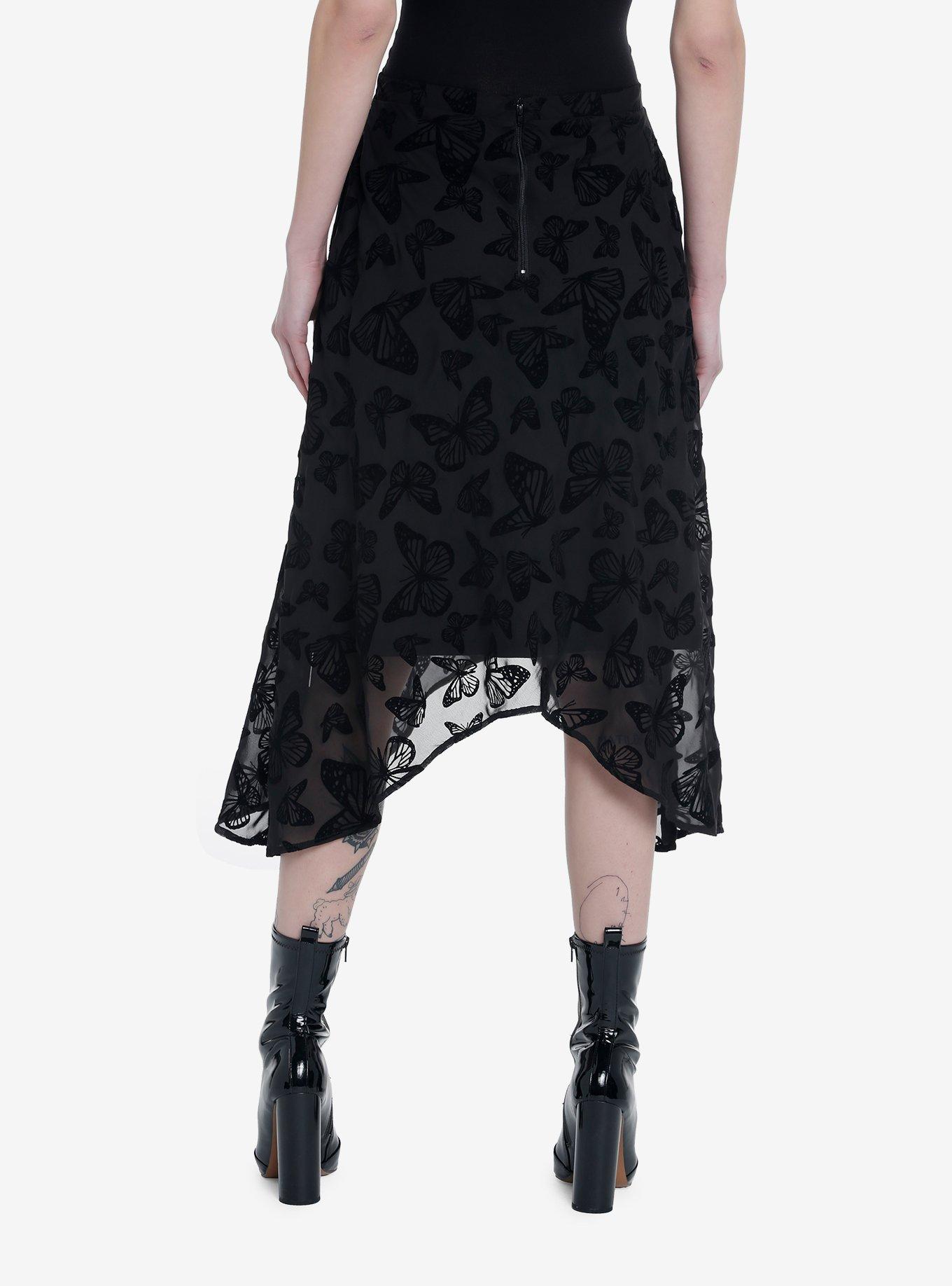 Black Butterfly Chiffon Hanky Hem Midi Skirt, MULTI, alternate