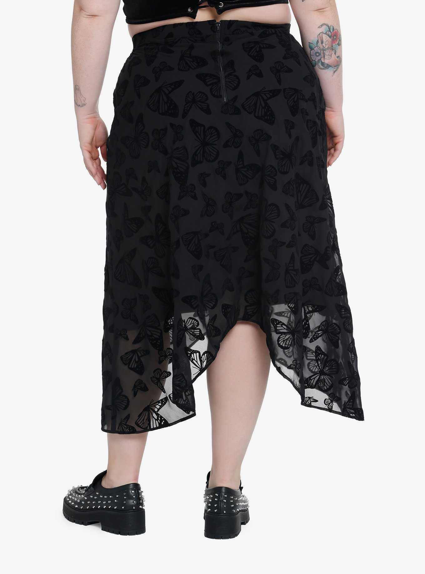 Black Butterfly Chiffon Hanky Hem Midi Skirt Plus Size, , hi-res