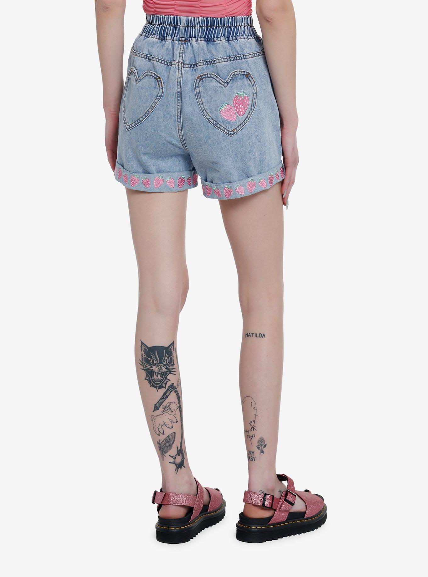 Sweet Society Strawberry Embroidered Mom Shorts, INDIGO, alternate