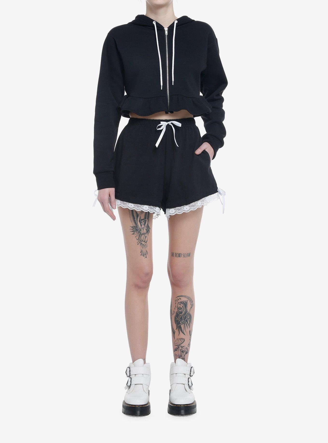 Black & White Lace Balloon Lounge Shorts, BLACK, alternate