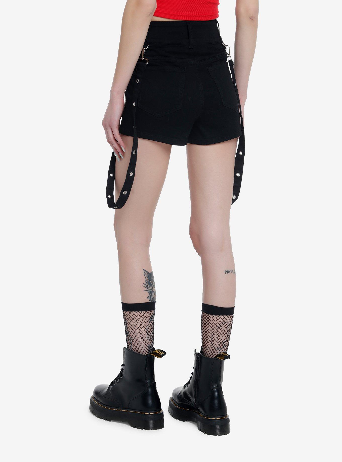 Black High-Waisted Super Skinny Shorts With Suspenders, BLACK, alternate