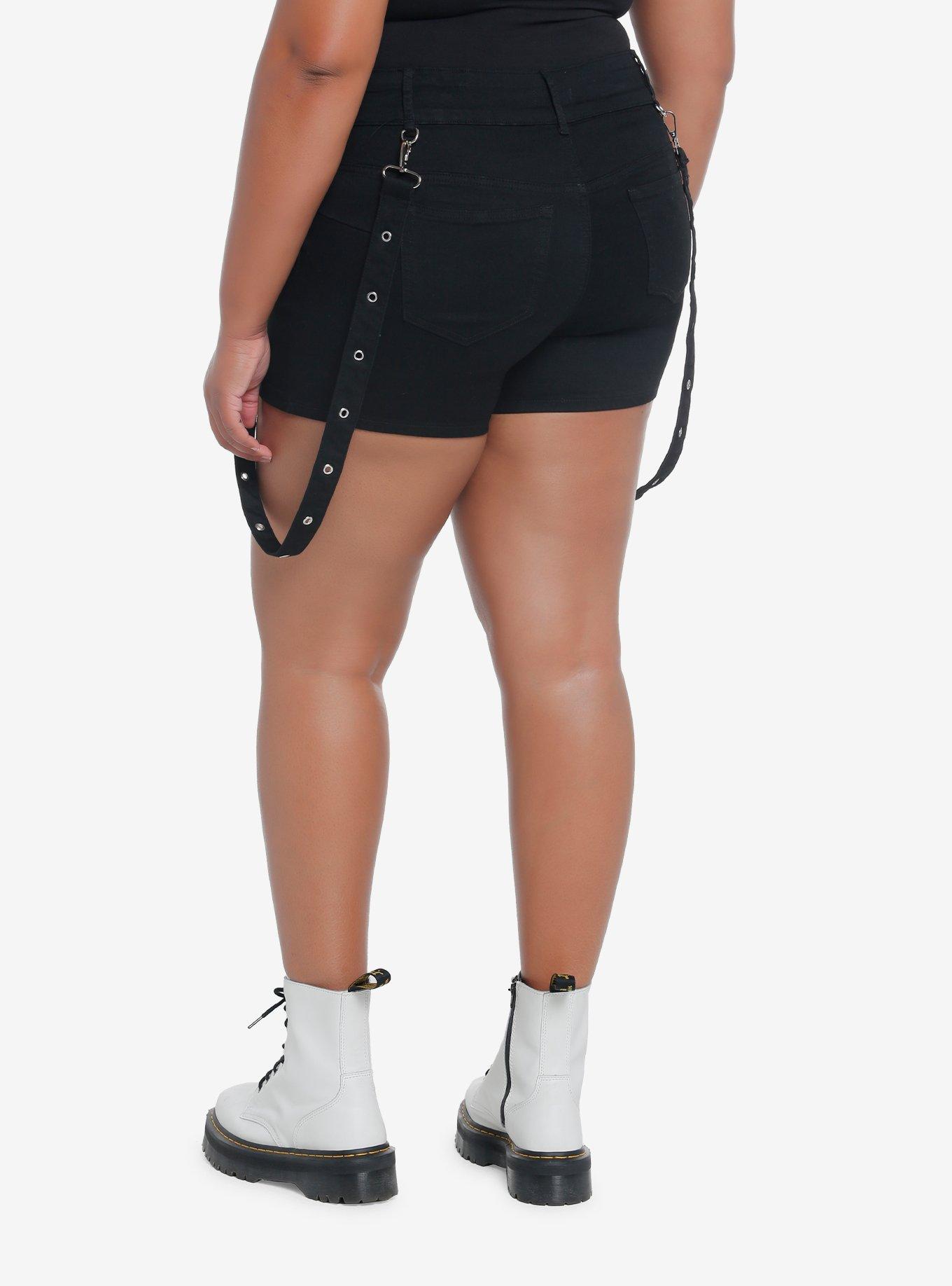 Black High-Waisted Super Skinny Shorts With Suspenders Plus Size, BLACK, alternate