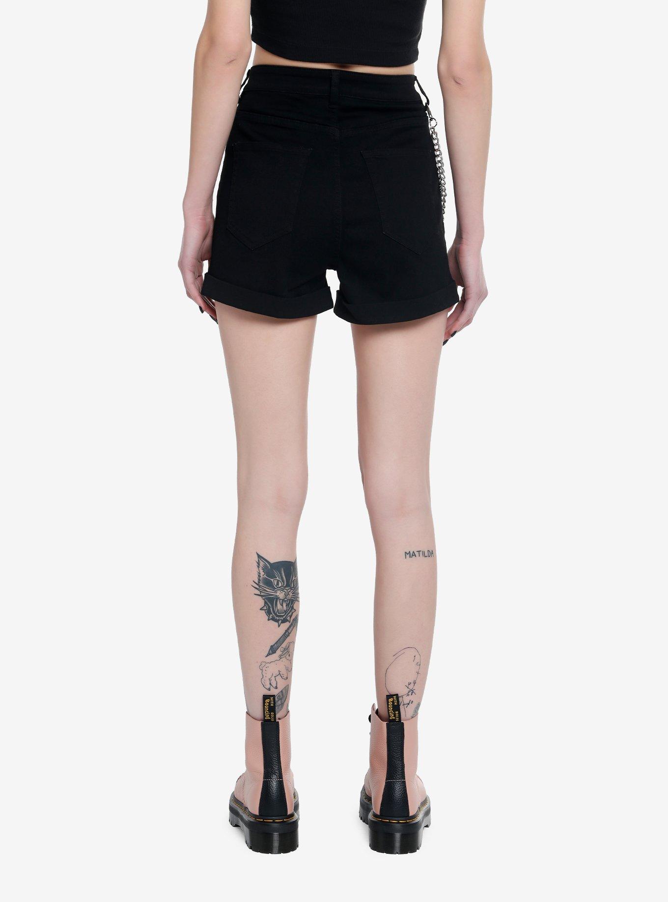 HT Denim Winged Skull & Chains Black Denim Girls Shorts, BLACK, alternate
