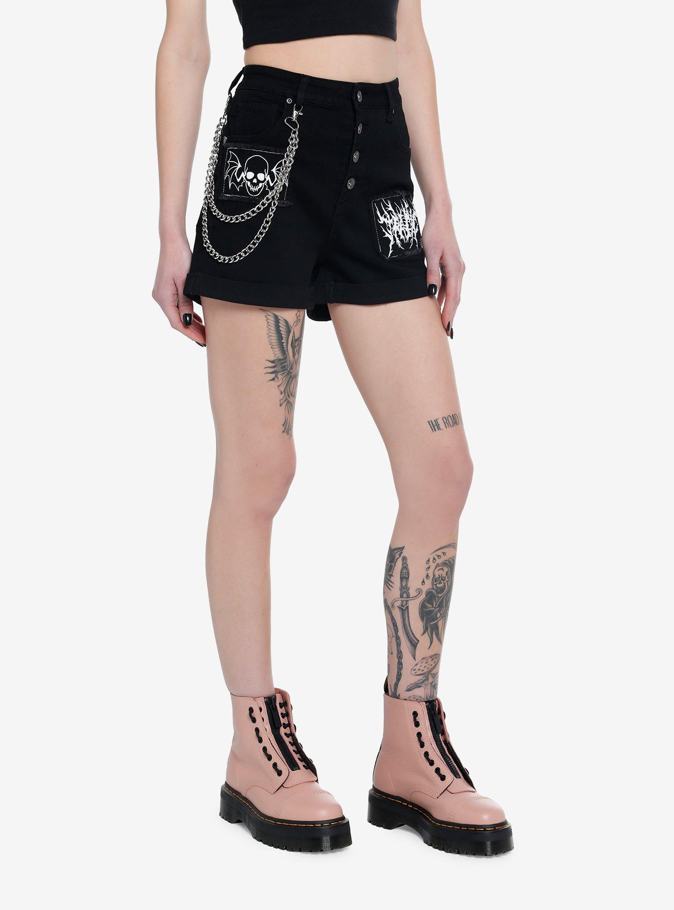 HT Denim Winged Skull & Chains Black Denim Girls Shorts, BLACK, alternate