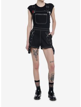 Plus Size Black Contrast Stitch Suspender Shortalls, , hi-res