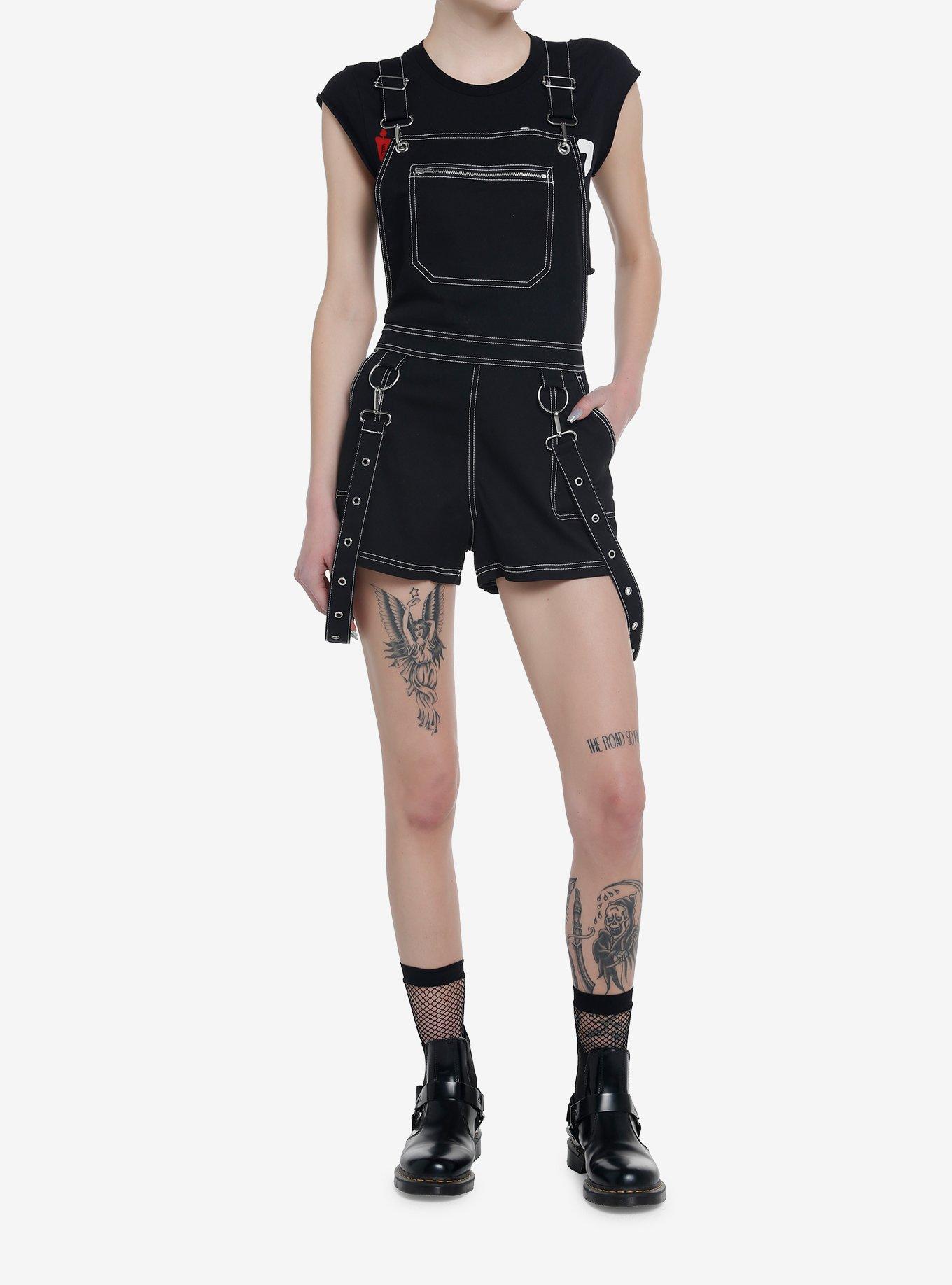 Black Contrast Stitch Suspender Shortalls, BLACK, alternate