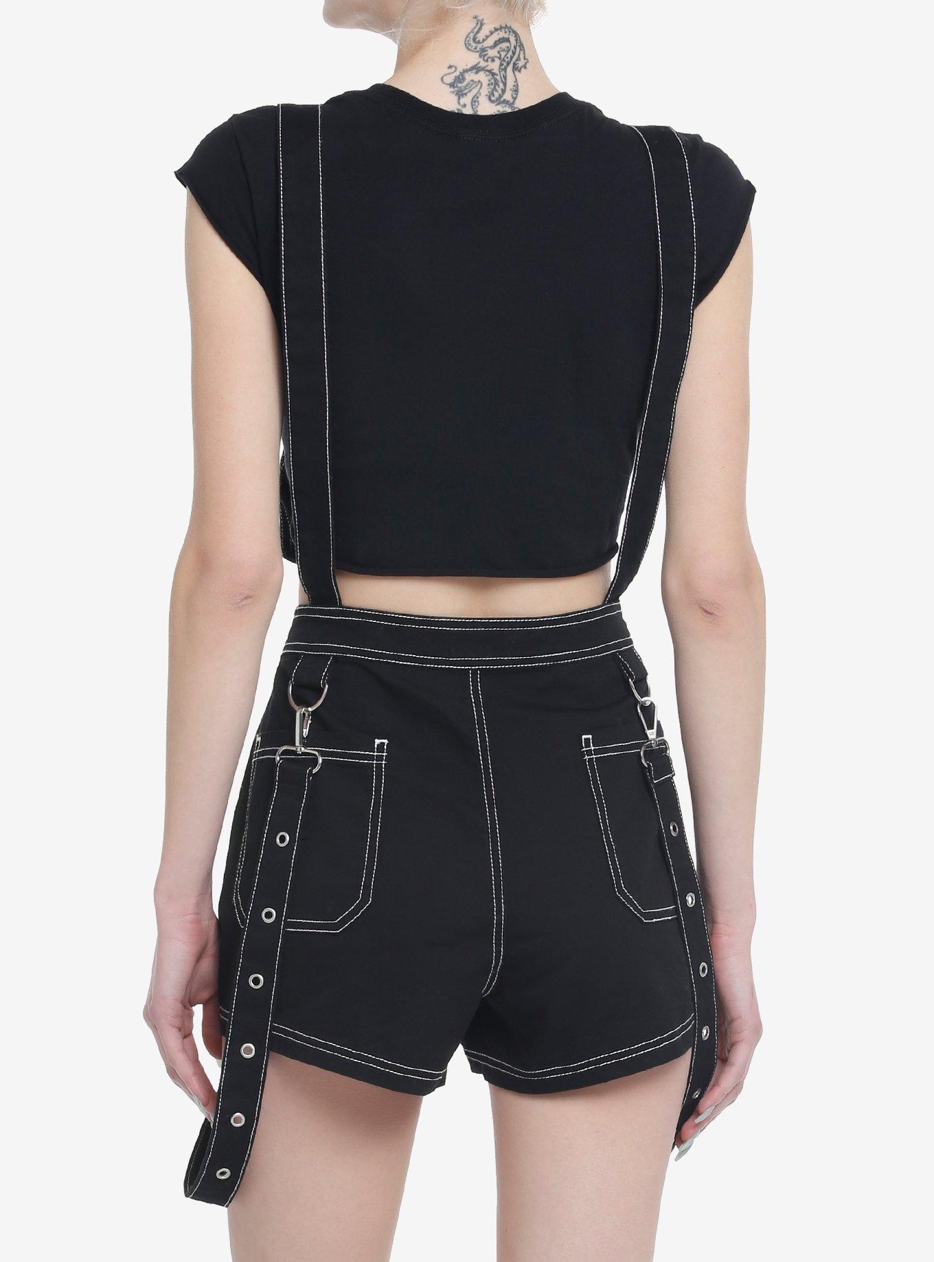 Black Contrast Stitch Suspender Shortalls, BLACK, alternate