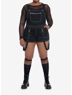 Black Contrast Stitch Suspender Shortalls Plus Size, , hi-res