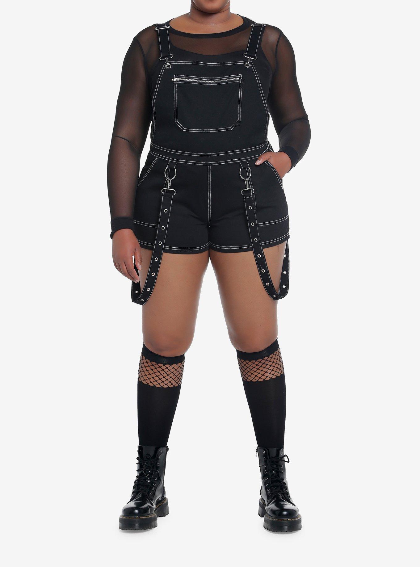 Black Contrast Stitch Suspender Shortalls Plus Size, BLACK, alternate