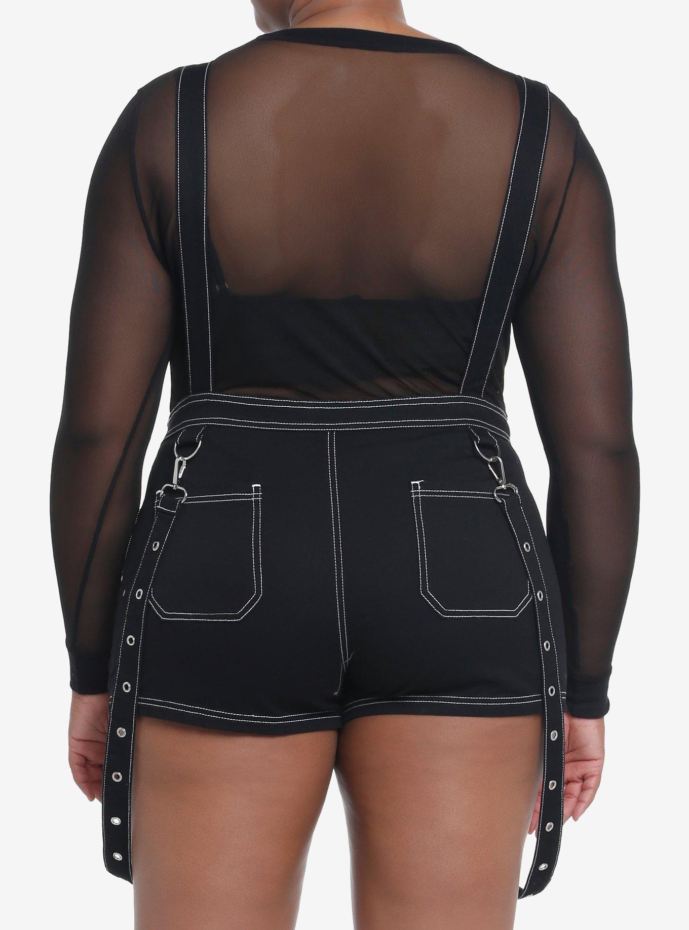 Black Contrast Stitch Suspender Shortalls Plus Size, BLACK, alternate