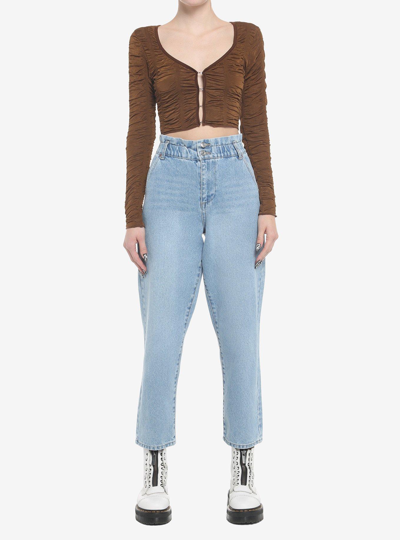 Chocolate Brown Ruched Crop Girls Long-Sleeve Top, BROWN, alternate